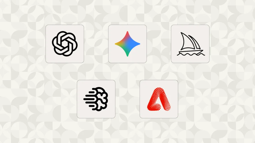 Logos of five best AI image generators: ChatGPT, Google Gemini, Midjourney, Ideogram, and Adobe Firefly