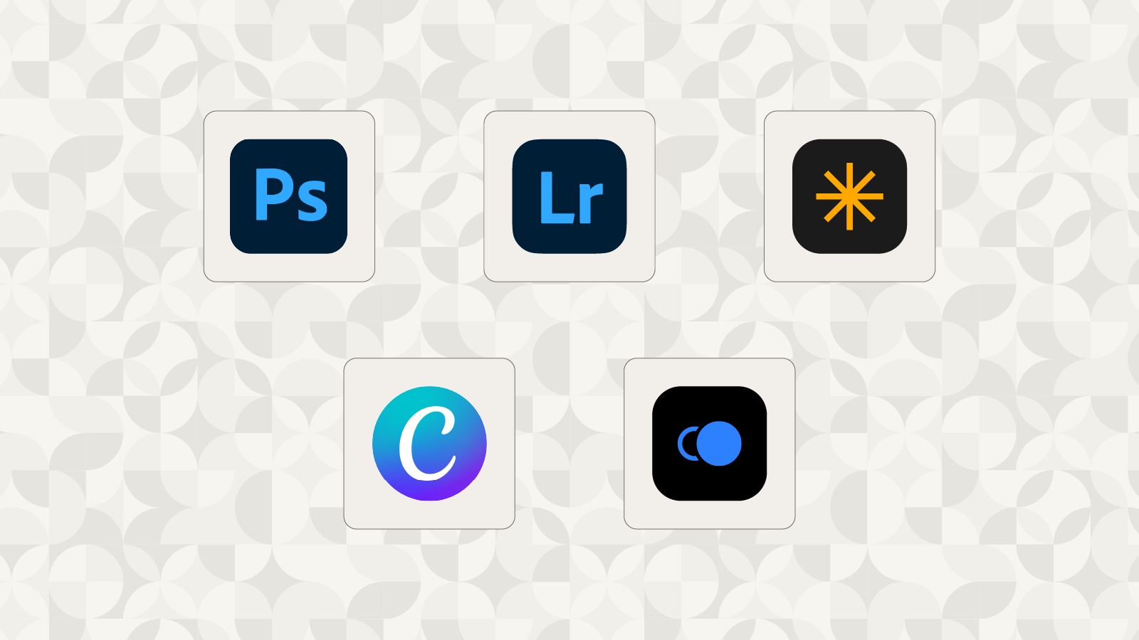 Logos of five best ai photo editors: Adobe Photoshop, Adobe Lightroom, Luminar Neo, Canva, and Topaz Photo AI