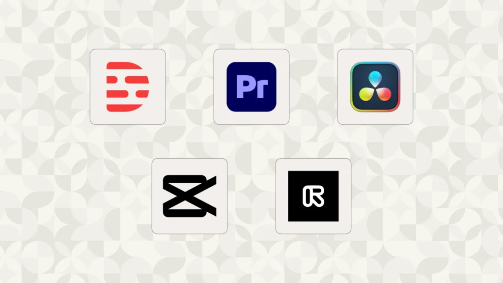 Logos of five best ai video editors​: Descript, Adobe Premiere, DaVinci Resolve, CapCut, and Runway