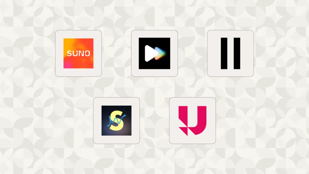 Logos of five best ai music generators: Suno, Google Flow Music, ElevenLabs Music, Soundraw, and Udio